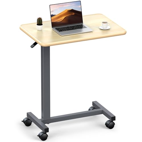 WOTURE Adjustable Overbed Table with Wheels, Pneumatic Height Adjustment, Ideal for Hospital Use or At Home as Bed Tray, Standing Desk, Bedridden & Mobility Needs, Maple - color: Maple