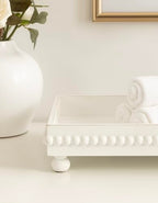 Kate and Laurel Strahm Rectangle Wooden Beaded Display Tray, 10 x 24, White, Lightly Distressed Wood Decorative Footed Tray for Use as Useful Ottoman Tray or Kitchen Serving Tray