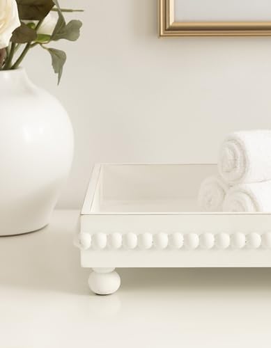 Kate and Laurel Strahm Rectangle Wooden Beaded Display Tray, 10 x 24, White, Lightly Distressed Wood Decorative Footed Tray for Use as Useful Ottoman Tray or Kitchen Serving Tray