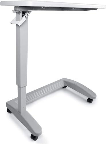 Vaunn Medical Pneumatic Adjustable Overbed Exam Bedside Table with Wheels (Hospital and Home Use), New Tabletop, Light Gray
