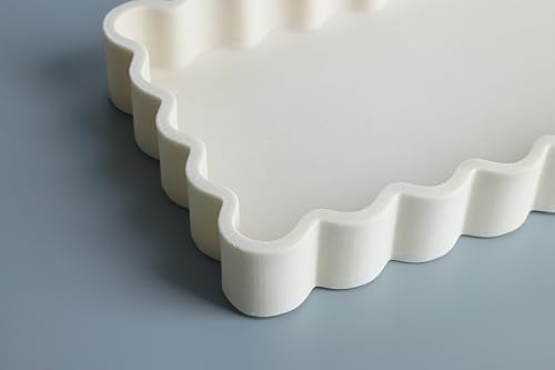 Vixdonos Wavy Edge Decorative Tray,Rectangular Concrete Tray for Coffee Table Decor,13.8X5.9X1.5 Inches(Beige)