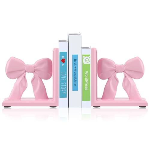 Threehoney 2 Pieces Pink Bow Bookends Cute Book Ends for Shelves Decorative Book Stand Bow Sculpture Statues Tabletop Shelf Ornament Room Decor for Home Office School Dorm Girl Desk