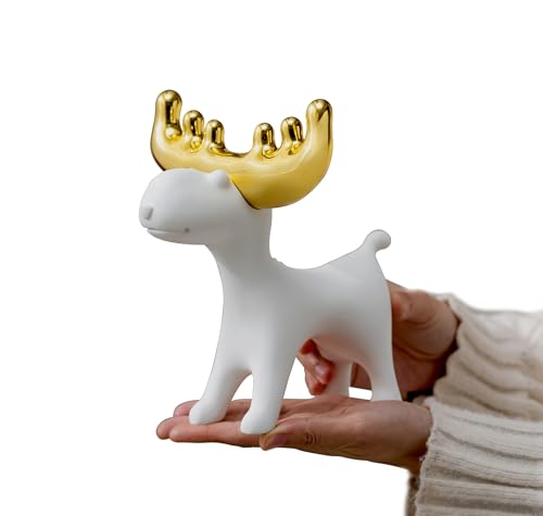 Modern White Resin Deer Figurine with Gold Antlers – 7.48 x 69 x 7.72 Minimalist Animal Sculpture for Home & Desk Decor(Standing/Reclining Style) - size: H 7.72 in White A