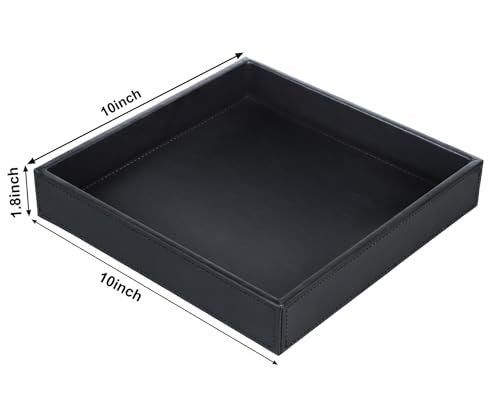 HofferRuffer Faux Leather Vanity Tray, Elegant Desktop Storage Organizer, Decorative Catchall for Perfume, Bathroom Valet, Nightstand or Dresser, 10 x 10 x 1.8 inches (Black) - color: Black, size: 10" x 10" x 1.8"