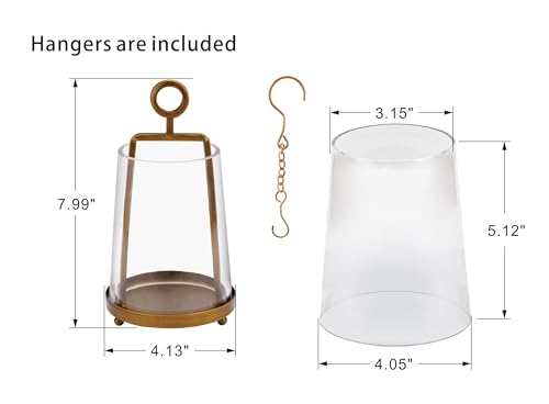 4“ Wide Modern Farmhouse Metal Hurricane Candle Holder with Handmade Sturdy Glass Sleeve in Vintage Brass for 2" Pillar Candle & Plants, Glass Hurricane Lantern, Industrial, Minimalistic - color: Brass, size: 4"x7.5"