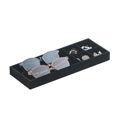 2Pcs Desk Drawer Storage Tray, Nightstand Organizer Tray, Necklace Bracelet Ring Earring Jewelry Display Tray, Grid Table Organizer Holder Tray for Sunglass, Phone, Watch, Perfume (6 grid)/Black - color: Black, size: 6 Grid
