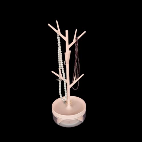 Branch Jewelry Display Stand with Rotatable Base and Storage Box, Small Earring Necklace Tree Tower Rack Holder, Hair Tie Holder Hanging Organizer for Ring Bangles Bracelet Watch (Pink)