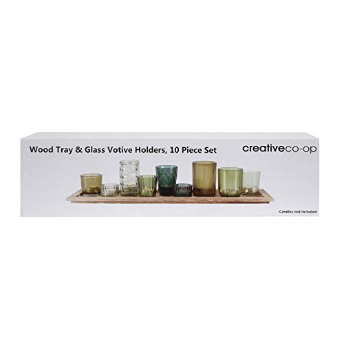 Creative Co-Op Wood Tray with 9 Green Glass Votive Holders - color: Greens