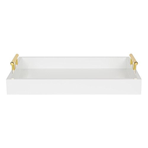 Kate and Laurel Lipton Decorative Tray with Polished Metal Handles, White and Gold - color: White/Gold, size: 16.5" x 12.3" x 3.3"