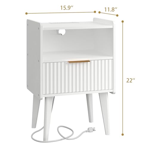 YAUKOMEL Fluted Nightstand with Charging Station, Modern Bedside Table with Drawer,White Nightstand with Solid Wood Legs, End Table,Side Table for Living Room,Bedroom White CTG57WE - color: White With Charging Station
