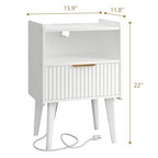 YAUKOMEL Fluted Nightstand with Charging Station, Modern Bedside Table with Drawer,White Nightstand with Solid Wood Legs, End Table,Side Table for Living Room,Bedroom White CTG57WE - color: White With Charging Station