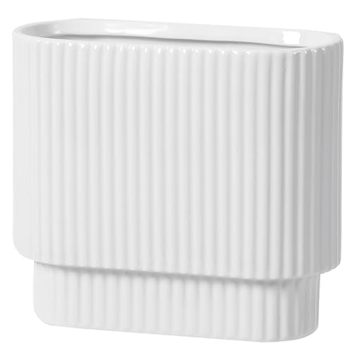 White Ceramic Flower Vase, Modern Decorative Vases for Decor, Ribbed Ceramic Vase, Rectangle Vases for Living Room, Office, Mantel, Wedding, Dinning Table, 7 Inches - color: White, size: Medium Rectangle