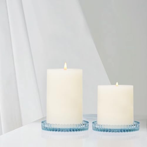 Vixdonos 3.8 Inch Glass Pillar Candle Holder Set Pack 2 Gear Round Plate Serrated Candle Stand for Table Centerpieces,Party, Wedding and Home Decor - color: Blue