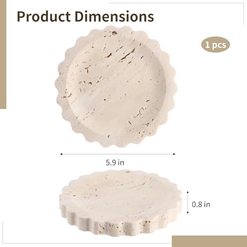 Travertine Jewelry Dish, 5.9 in Small Scallop Edge Stone Tray, Beige Round Marble Pattern Perfume Tray for Women, Decorative Storage Plate for Bathroom, Kitchen, Dresser