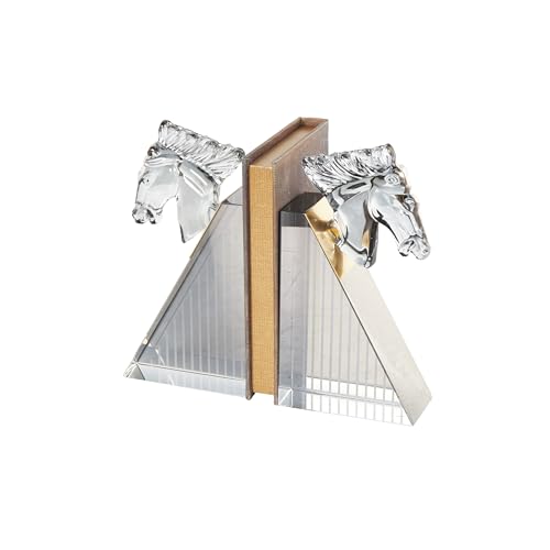 Deco 79 Glass Horse Decorative Bookends Head Non Skid Bookends with Pyramid Bases, Set of 2 Office Bookends 5", 9" H, Clear - size: 5", 9"H