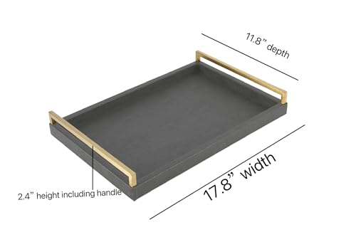 17.8 * 11.8" Grey Shagreen Large Serving Tray with Brushed Gold Handle,Faux Leather Home Decorative Tray, Coffee Table Tray for Living Room, Dinning, Vanity （Grey - color: Dark Grey