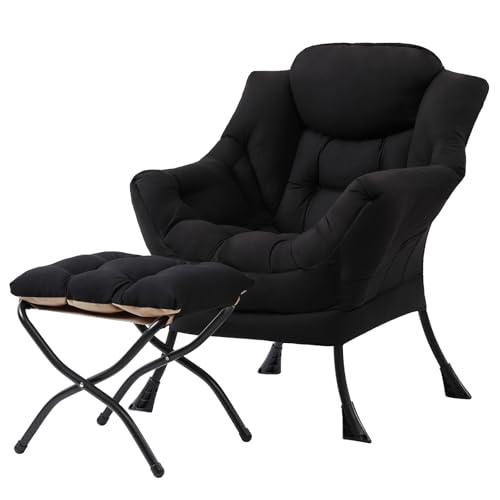 Tiita Lazy Chair with Ottoman, Black Modern Large Accent Chair, Comfy Leisure Sofa Armchair with Ottoman, Reading Chair with Footrest for Bedroom, Living Room, Dorm Rooms, Black - color: Peach Skin Black