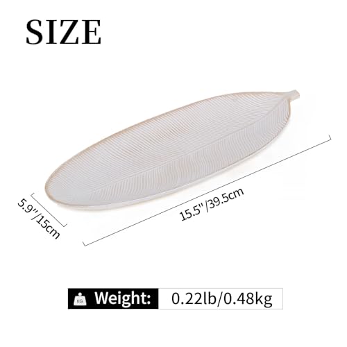 Hanobe Leaf Wooden Decorative Tray: Leaf Shaped Wood Key Tray Decor Plate Bowl for Crystal Candle - color: White Washed, size: 16.1" x 5.9" x 1.2"