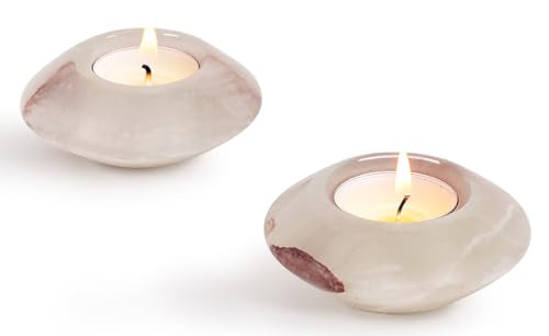 Tealight Candle Holders Set of 2 – Handcrafted Natural Marble Tea Light & Votive Holders, Decorative Stone Candle Holder Pair for Home Décor, Dining Table, Coffee Table & Wedding Decor - color: White Onyx, size: 3.5" Inches