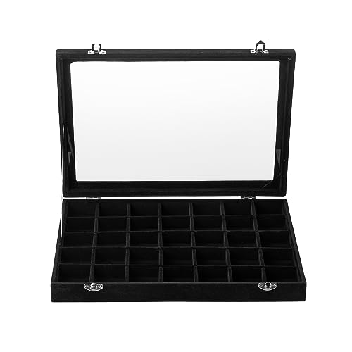 Frebeauty Velvet Jewelry Tray,35 Grid Jewelry Organizer with Clear Lid,Earring Holder Organizer Case with Clasp,Drawer Insert for Rings Studs,13.8 x 9.5 x 2 Inches,Gift for Women Girls(Black) - color: Black, size: 35 Grid