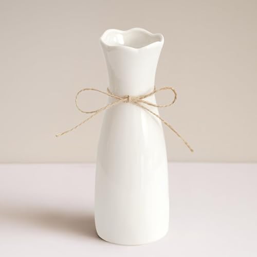 Small Vase White Ceramic Jute Rope Simple Vases for Home Decor Minimalist Modern Flower Vase Elegant Decorative Glossy Vase for Pampas Grass, Office, Living Room, Mantel and Bedroom Décor - color: White
