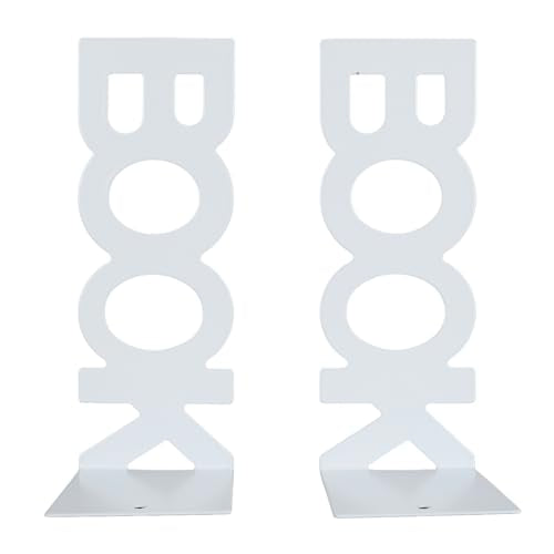 Metal Decorative Bookends Keep Upright for School Office, 1 Pair Heavy Books Stopper for Shelves, Book Ends for Home Decor (White) - color: White