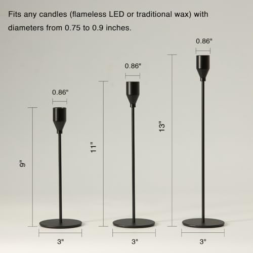 Upgraded Chrome Taper Candle Holders Set of 3 - Modern Matte Black Candlesticks (9/11/13 Inch), Weighted & Rust-Proof Metal Candle Stand for Fireplace Table Centerpiece - color: Black, size: 1 set (3 pcs)