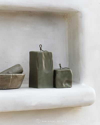 LAWA Raw Block Set of 2 Candle - Beautiful Handmade Pillar Scented Soy Wax Elegant Aesthetic Candle Housewarming Gift Home Room Shelf Decor Idea (Earthy Green, Set of 2) - color: Earthy Green, size: Set Of 2