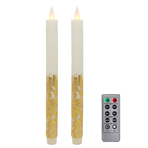 Flameless Taper Candles Flickering with Remote and Timer, 3D Moving Flame Taper Candle Battery Operated to 400 Hours, 9 Inch Window Candles, (Gold Leaf) - color: Gold Leaf