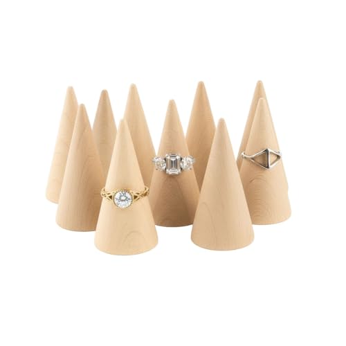 Natural Wood Ring Display Cones, 10 Pack Vertical Jewelry Holder Stands, DIY Craft Finger Ring Organizer