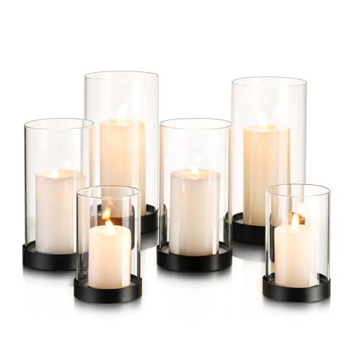 Hewory Hurricane Candle Holder for Pillar Candles: Black Votive Candle Holders Set of 6, Glass Hurricane with Metal Candle Plate, Pillar Candle Holder for Table Centerpiece Wedding Holiday Home Decor - color: Black, size: 6PCS