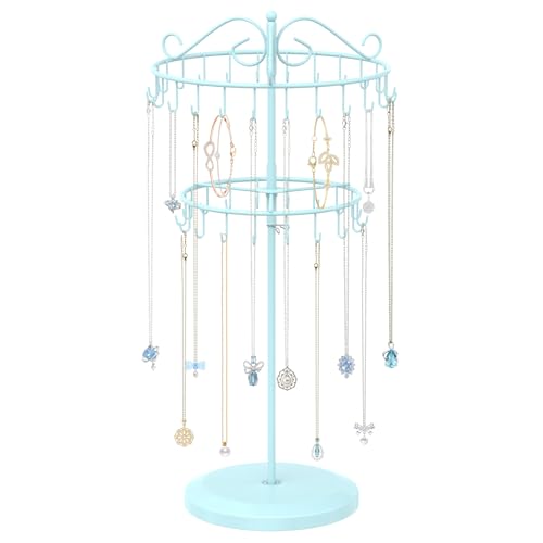 iDavosic.ly 2 Tier Rotating Necklace Holder Organizer with 42 Hooks, Adjustable Metal Bracelet Display Stand Rack, Extra Tall Keychain Spinning Tree Tower for Women, Blue - color: Light Blue