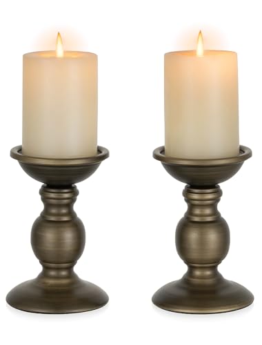 2 Pcs Bronze Iron Pillar Candle Holders, Most Ideal for 3" Pillar Candle, Gifts for Wedding, Party, Home, Spa, Reiki, Votive Candle (2 x S) - color: Bronze, size: S + S