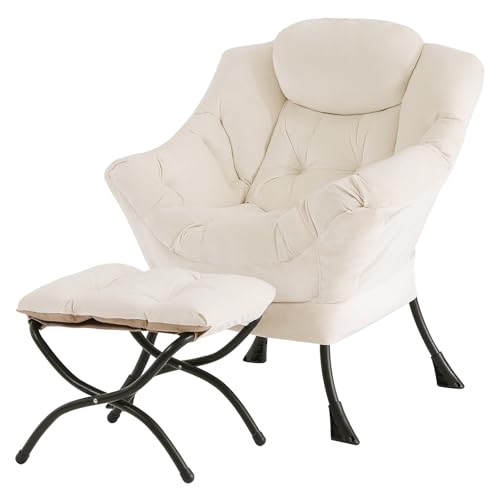 Tiita Lazy Chair with Ottoman, Beige Modern Large Accent Chair, Comfy Leisure Sofa Armchair with Ottoman, Reading Chair with Footrest for Bedroom, Living Room, Dorm Rooms, Velvet Beige - color: Beige