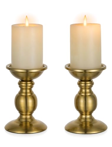 NUPTIO Gold Candle Holder for Table: Brass Pillar Candle Stand Decorative for Fireplace Decor - Metal Vintage Candleholder for Christmas New Year Party Centerpiece(2 x S) - color: Brass, size: S + S