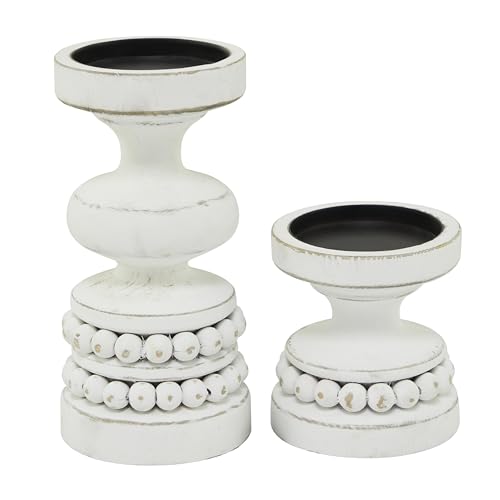 Deco 79 Wood Decorative Candle Holder Beaded Pillar Candle Stand, Set of 2 Candlestick Holder 8", 4"H, White - color: White, size: 8", 4"H