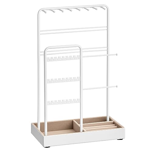 SONGMICS Jewelry Holder, Jewelry Organizer, Jewelry Display Stand with Metal Frame, Velvet Tray, Necklace Earring Bracelet Holder, for Studs, Rings, Gift Idea, Matte White UJJS021W01 - color: Matte White