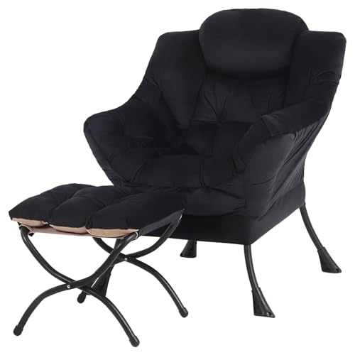Tiita Lazy Chair with Ottoman, Black Modern Large Accent Chair, Comfy Leisure Sofa Armchair with Ottoman, Reading Chair with Footrest for Bedroom, Living Room, Dorm Rooms, Velvet Black - color: Black