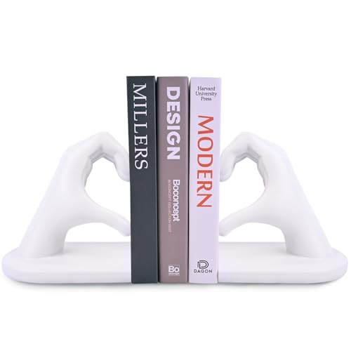 White Decorative Bookends for Shelves, Heart Hands Book Ends Sculpture Aesthetic Decor for Bedroom Living Room Merch Apartment Bookshelf Birthday Women Decorations Stuff Aesthetic - color: White