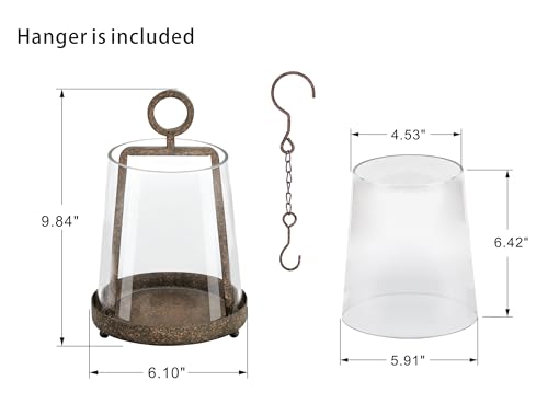 6" Modern Farmhouse Metal Hurricane Candle Holder with Handmade Sturdy Glass Sleeve in Rustic Brown for Pillar Candle & Plants, Glass Hurricane Lantern, Industrial, Minimalistic - color: Brown, size: 6"x10"