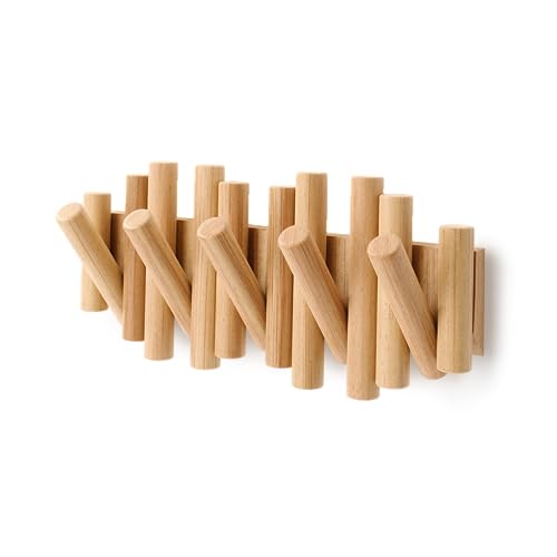Umbra Picket Wall-Mounted Coat Rack Rail Hook with 5 Retractable Wood Pegs – Modern, Space-Saving Storage Organizer, Natural (Pack of 3) - color: Natural, size: 5-Hook (Pack of 3)