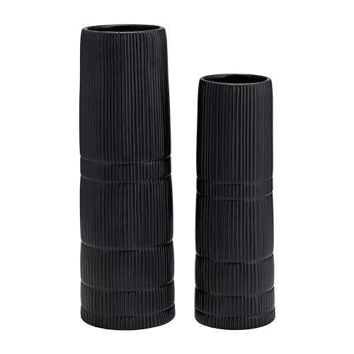 Sagebrook Home Ceramic 18" H Lined Cylinder Vase, Matte Black, Cylinder, Ceramic, Contemporary, 6" L X 6" W X 18" H, Line - color: Black, size: 18.0" H