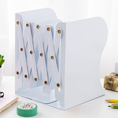 Adjustable Metal Bookends Heavy Duty for Shelves, 2 Dividers, Anti-Slip Design Expandable Book Ends for Desk, Office(White, 19 inches Max) - color: White