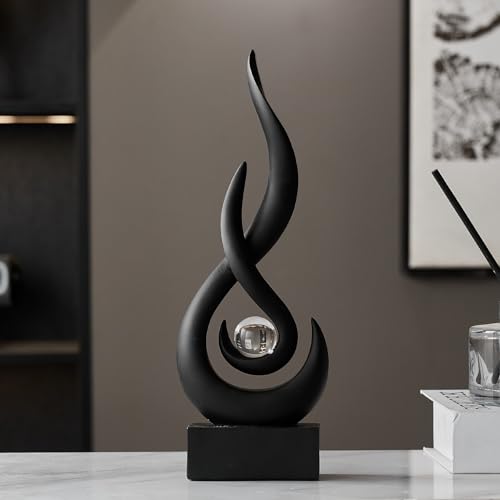 AWNR Abstract Black Sculpture: Flame Statue with Glass Ball Resin Art Figurines - Unique Centerpiece for Modern Home Decor - color: Black Statue