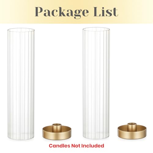 Hewory Hurricane Glass Candle Holders: Set of 2 Gold Candlestick Holders with 11" Tall Clear Cylinder Hurricane Cover, Taper Candle Holder for Wedding Table Centerpiece Party Christmas Home Decor