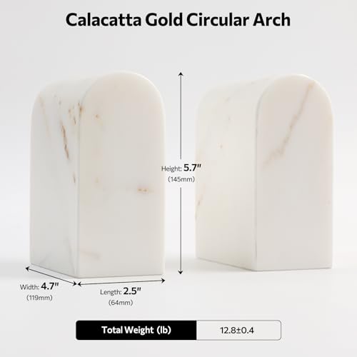 Luxury Marble Bookends for Shelves, 13LB Heavy Duty Marble Book Ends for Heavy Books, Stone Bookends Decorative, Polished, Calacatta Gold Arch, Set of 2 - color: Calacatta Gold, size: 2.5×4.7×5.7 Inch
