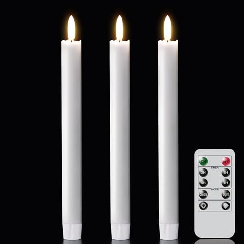 GenSwin Flameless White Taper Candles Flickering with 10-Key Remote, Battery Operated Led Warm 3D Wick Light Window Candles Real Wax Pack of 3, Christmas Home Wedding Decor(0.78 X 9.64 Inch) - color: 3-White