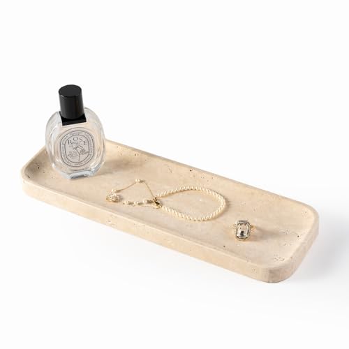 Koville Marble Tray, 12"x4" Marble Vanity Tray for Bathroom Kitchen Countertop Sink, Natural Stone Tray for Home Decor, Decorative Rectangular Narrow Catchall Tray for Jewelry Perfume - color: Travertino Romano, size: 12" x 4" x 0.7"