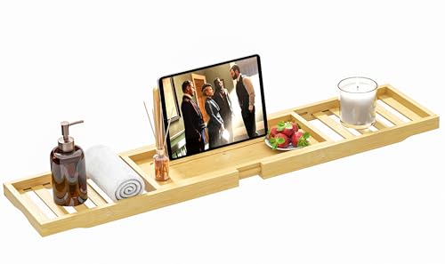 Bathtub Tray - Bath Tray Expandable - Bath Table Trays for Bathtub/Tub,Premium Bamboo Wooden, Fits Most Bath Tubs - color: Bright Yellow