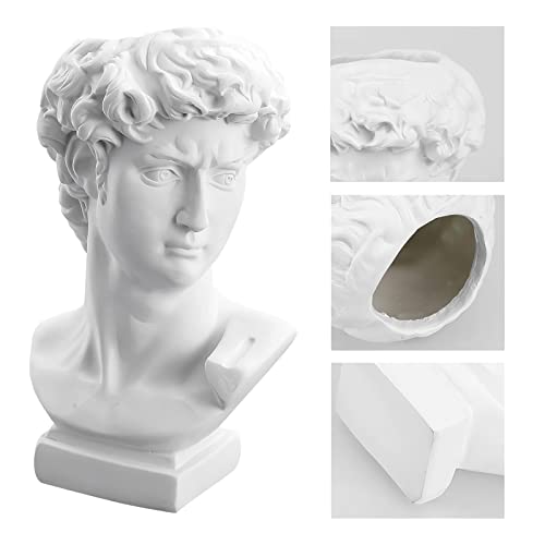 David Statue Vase - 6 Inch Greek Bust Head Aesthetic Planter White Home Decor Roman Style Resin Succulent Flower Planter Pot Sculpture Brushes Holder Makeup Pen Holder